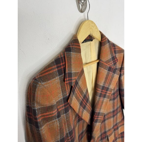 Vintage Country Squire Plaid Wool Sport Coat Men 40 Brown Orange Check 70s - Picture 3 of 8